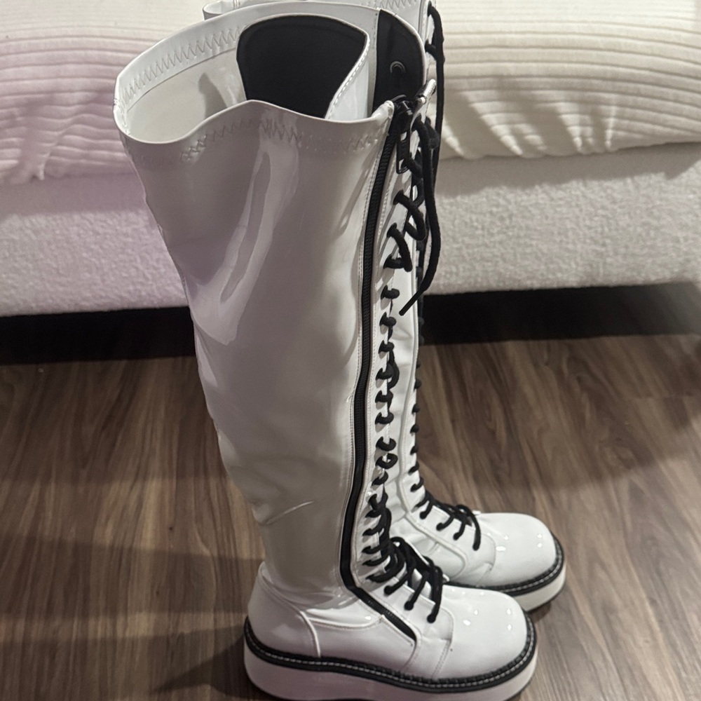 Emily 375 Demonia Thigh High White Lace-Up Boots with Black Accents - Picture 5 of 8